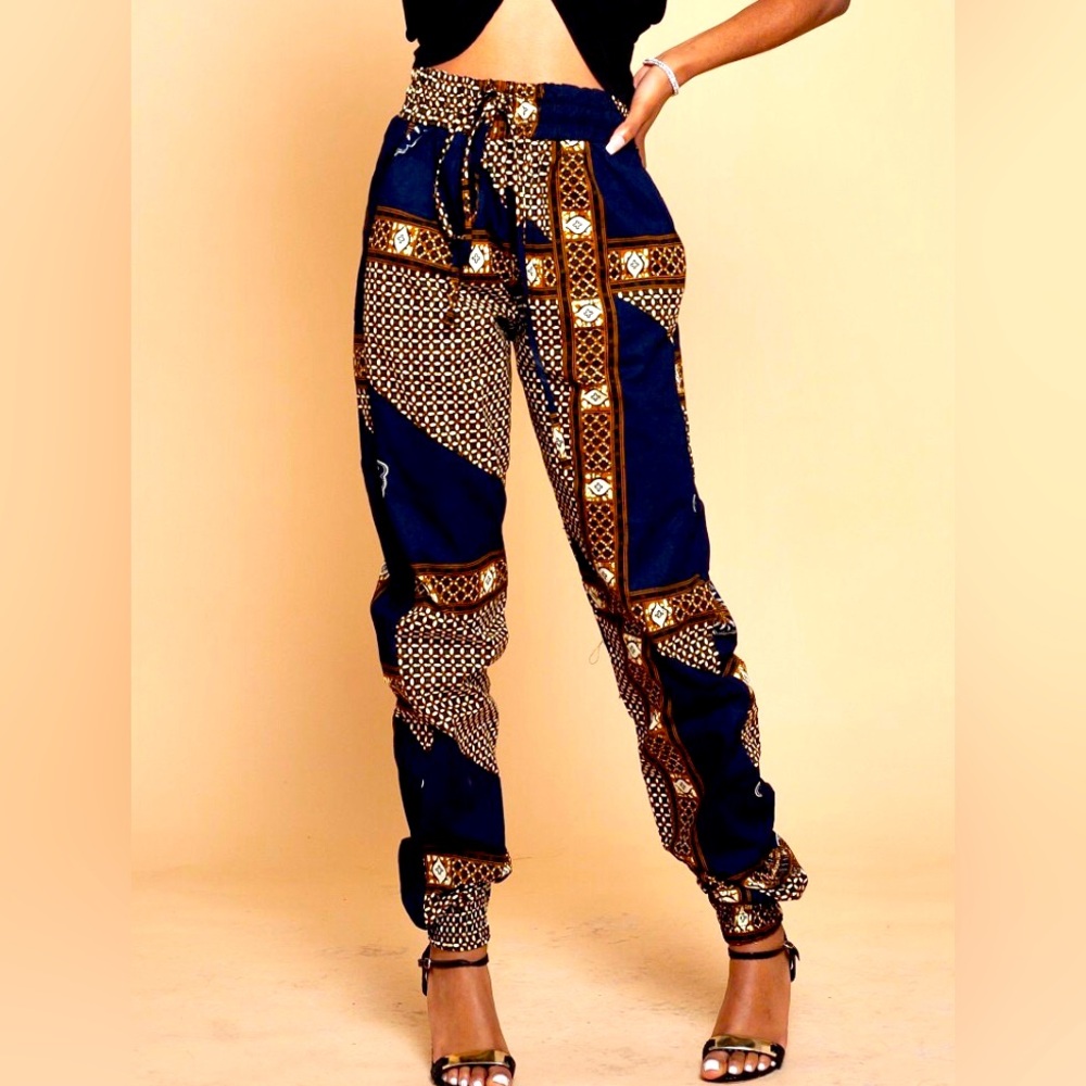 Ankara African-print pants. 
Elastic wide waist band with pockets.